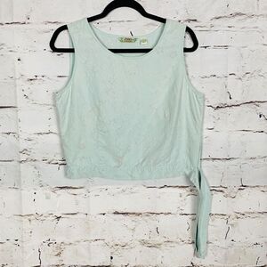 Tommy Bahama 100% Silk Teal Embroidered Floral Crop Top Women's Sz 12 Tie Blouse